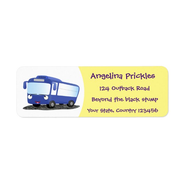 Cute blue modern bus cartoon illustration label (Front)