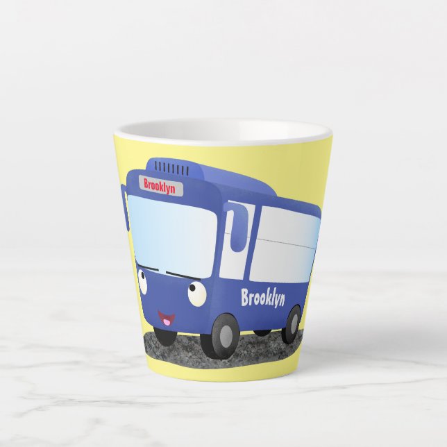 Cute blue modern bus cartoon illustration latte mug (Front)