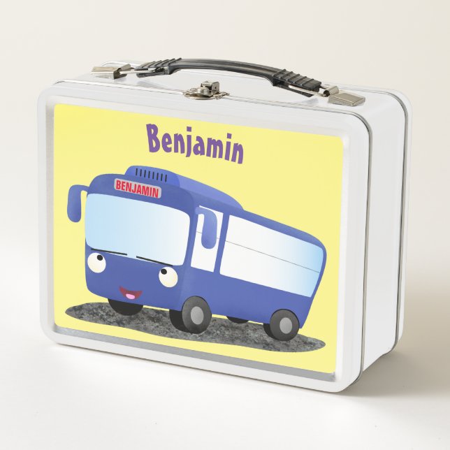 Cute blue modern bus cartoon illustration metal lunch box (Front)