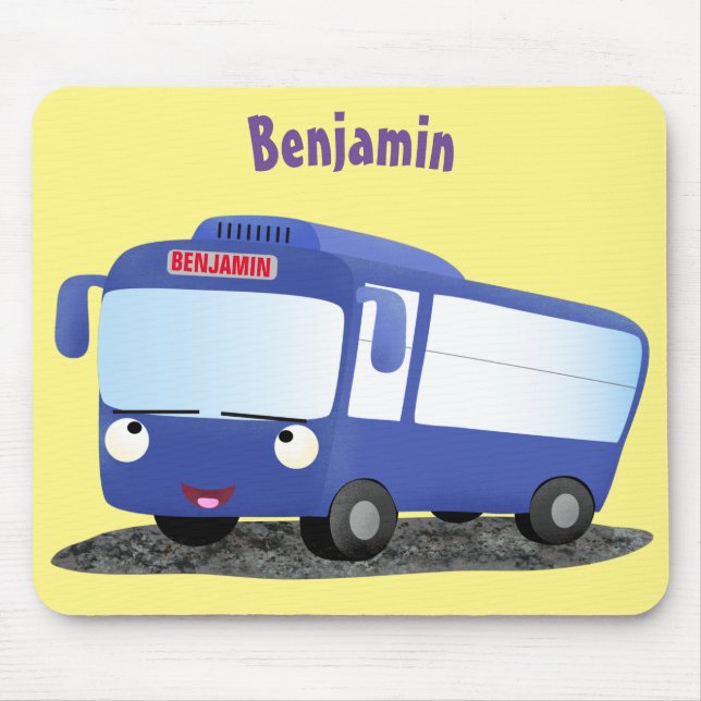 Cute blue modern bus cartoon illustration mouse pad (Front)