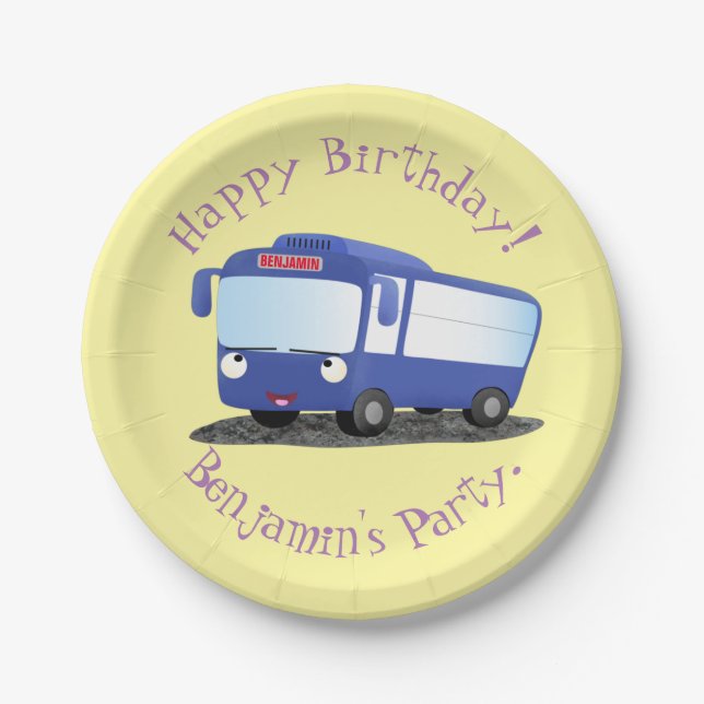 Cute blue modern bus cartoon illustration paper plates (Front)