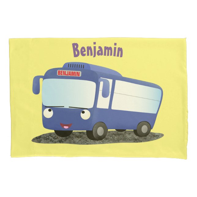 Cute blue modern bus cartoon illustration pillow case (Front)