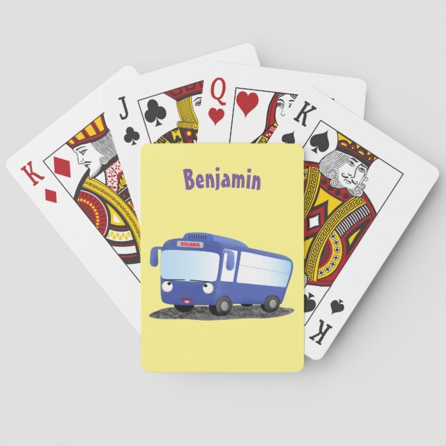 Cute blue modern bus cartoon illustration poker cards (Back)