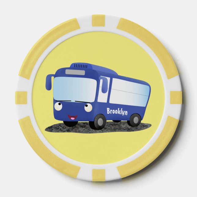 Cute blue modern bus cartoon illustration poker chips (Front)