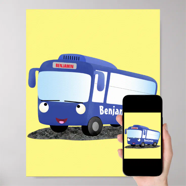 Cute blue modern bus cartoon illustration poster | Zazzle