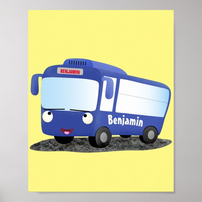 Cute blue modern bus cartoon illustration poster (Front)