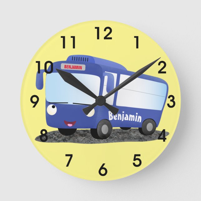 Cute blue modern bus cartoon illustration round clock (Front)