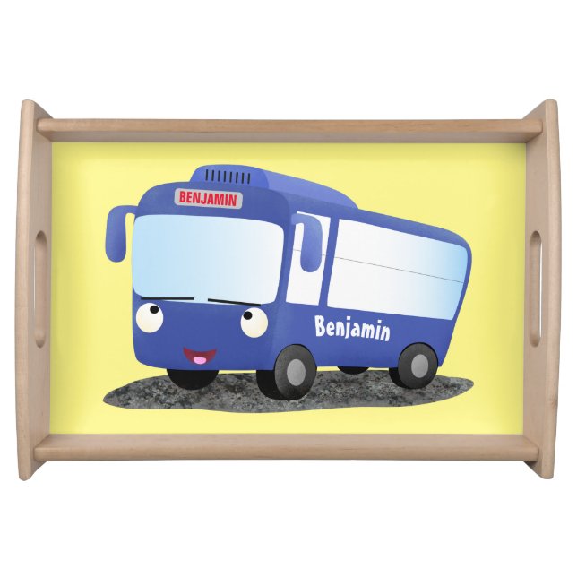 Cute blue modern bus cartoon illustration serving tray (Front)