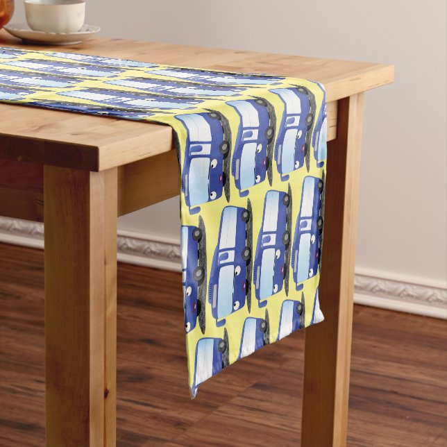 Cute blue modern bus cartoon illustration short table runner (In Situ)
