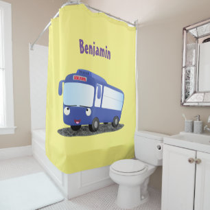 Cute blue modern bus cartoon illustration shower curtain