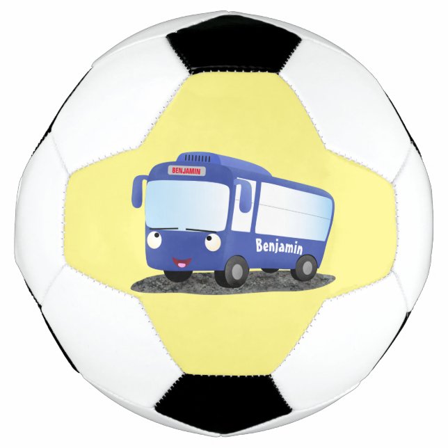 Cute blue modern bus cartoon illustration soccer ball (Front)