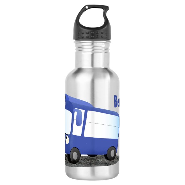 Cute blue modern bus cartoon illustration stainless steel water bottle (Front)