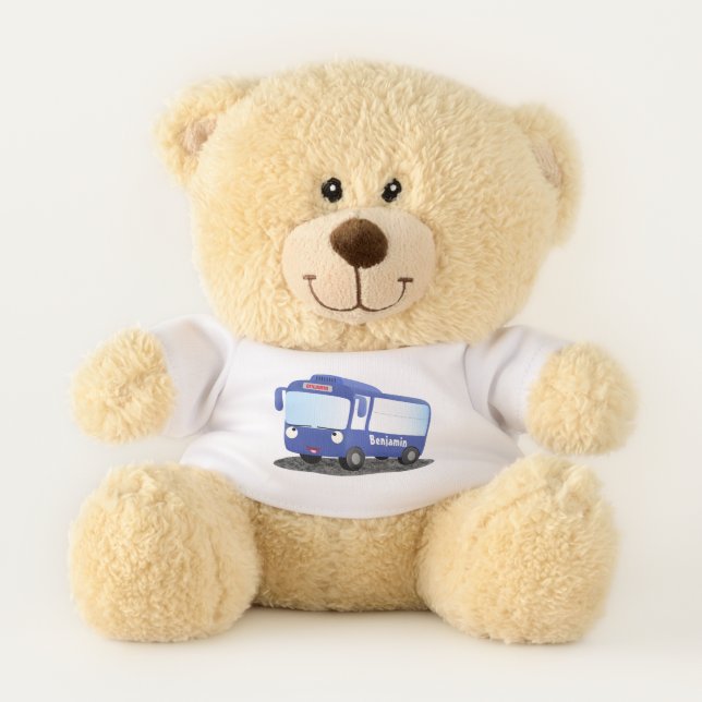 Cute blue modern bus cartoon illustration teddy bear (Front)