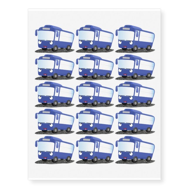 Cute blue modern bus cartoon illustration temporary tattoos (Front)