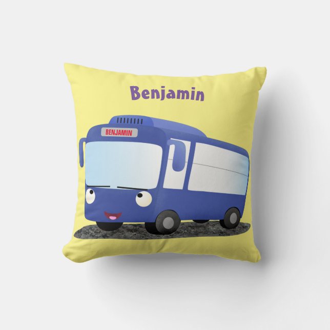 Cute blue modern bus cartoon illustration throw pillow (Front)