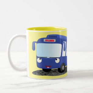 Cute blue modern bus cartoon illustration Two-Tone coffee mug