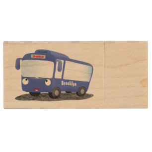 Cute blue modern bus cartoon illustration wood flash drive