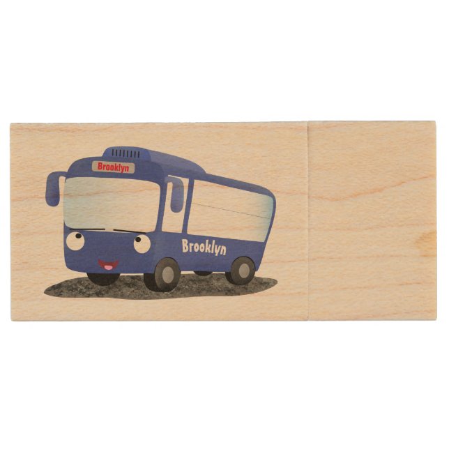 Cute blue modern bus cartoon illustration wood flash drive (Front)