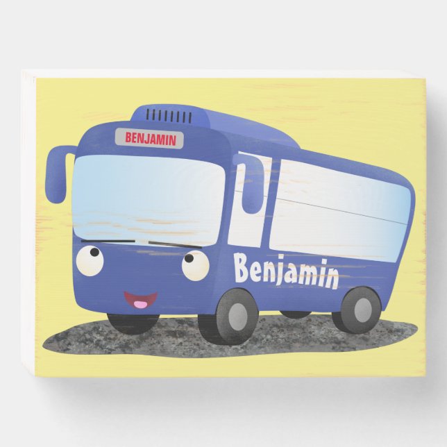 Cute blue modern bus cartoon illustration wooden box sign (Front Horizontal)