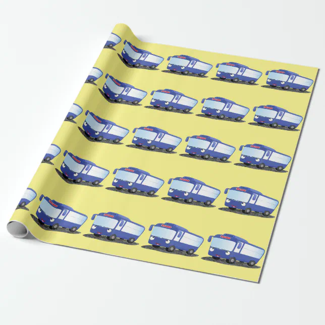 Cute blue modern bus cartoon illustration wrapping paper | Zazzle
