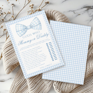 Cute blue mommy or daddy bow tie baby shower game invitation