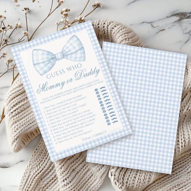 Cute blue mommy or daddy bow tie baby shower game invitation (Creator Uploaded)