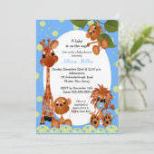 Cute Blue Monkey & Pals Boy Baby Shower Invitation (Standing Front)
