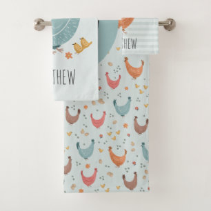 Cute Blue Monogram Chicken Farm Pattern Kids Bath Towel Set