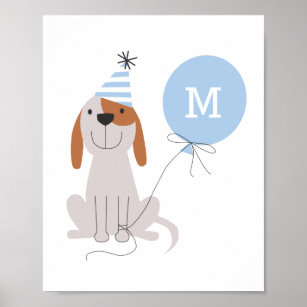 Cute Blue Monogram Puppy Dog Nursery Room Poster