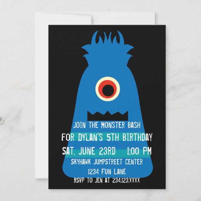 Cute Blue Monster Birthday Party Invitations (Front)