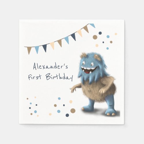 Cute Blue Monster First Birthday Party Napkins