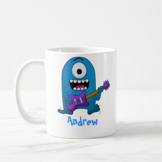 Cute Blue Monster Guitarist Coffee Mug (Left)