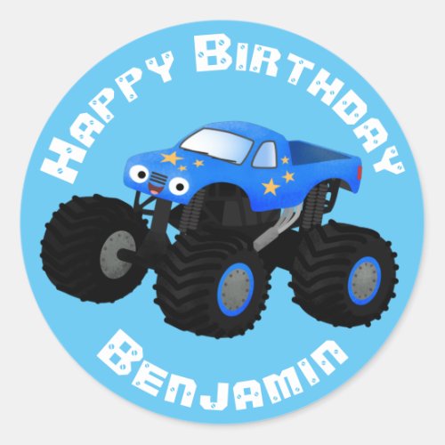 Cute blue monster truck cartoon birthday classic round sticker