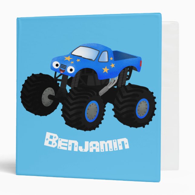 Cute blue monster truck cartoon illustration 3 ring binder (Front/Inside)
