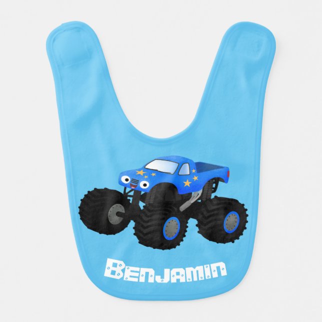 Cute blue monster truck cartoon illustration baby bib (Front)