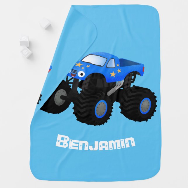 Cute blue monster truck cartoon illustration baby blanket (In Situ)