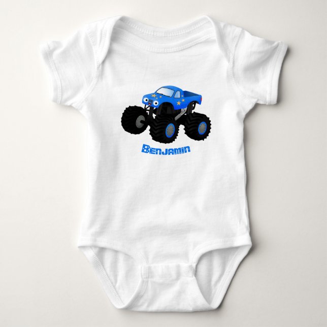 Cute blue monster truck cartoon illustration baby bodysuit (Front)