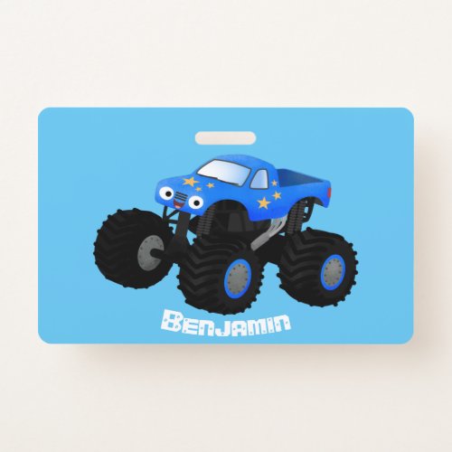 Cute blue monster truck cartoon illustration badge