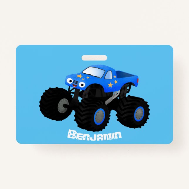 Cute blue monster truck cartoon illustration badge (Front)