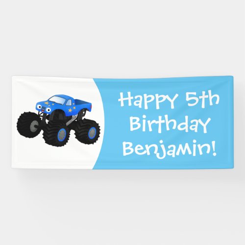 Cute blue monster truck cartoon illustration banner