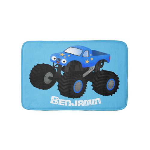 Cute blue monster truck cartoon illustration bath mat