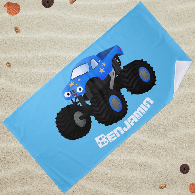 Cute blue monster truck cartoon illustration beach towel (A cute blue monster truck for beach or pool.)