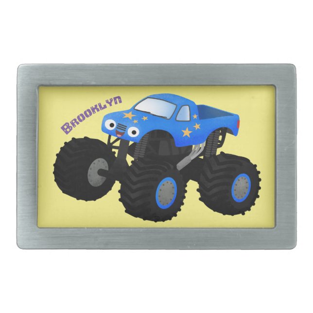 Cute blue monster truck cartoon illustration belt buckle (Front)