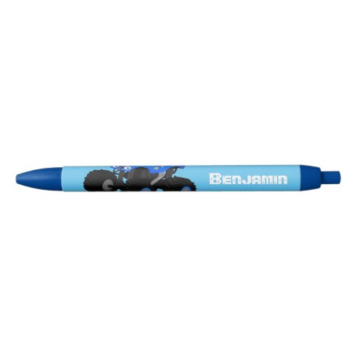 Cute blue monster truck cartoon illustration black ink pen