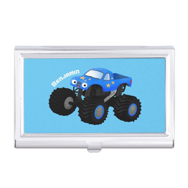 Cute blue monster truck cartoon illustration business card case (Front)