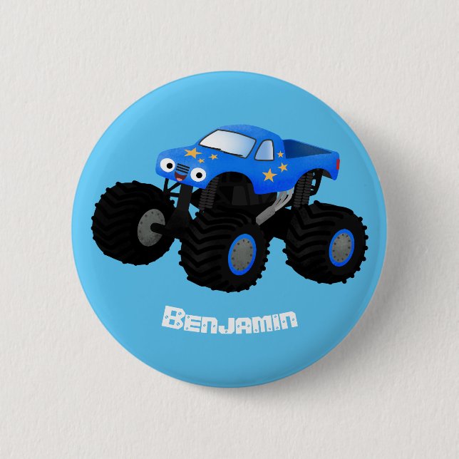 Cute blue monster truck cartoon illustration button (Front)