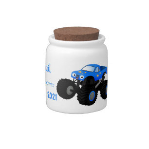 Cute blue monster truck cartoon illustration candy jar