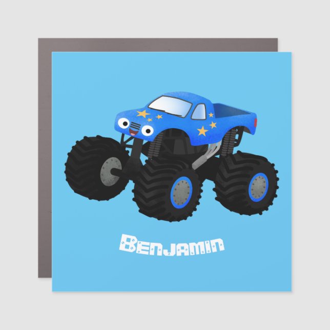 Cute blue monster truck cartoon illustration car magnet (Front)