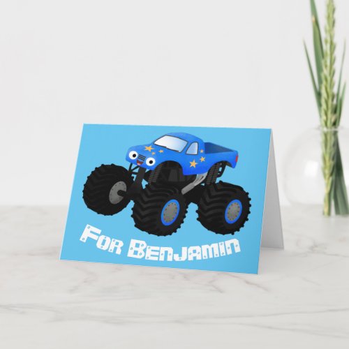 Cute blue monster truck cartoon illustration card