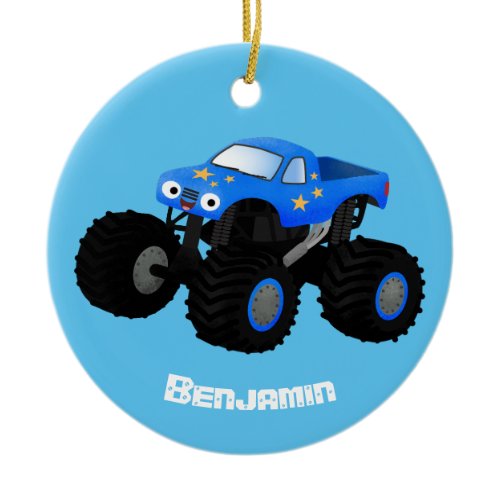 Cute blue monster truck cartoon illustration ceramic ornament